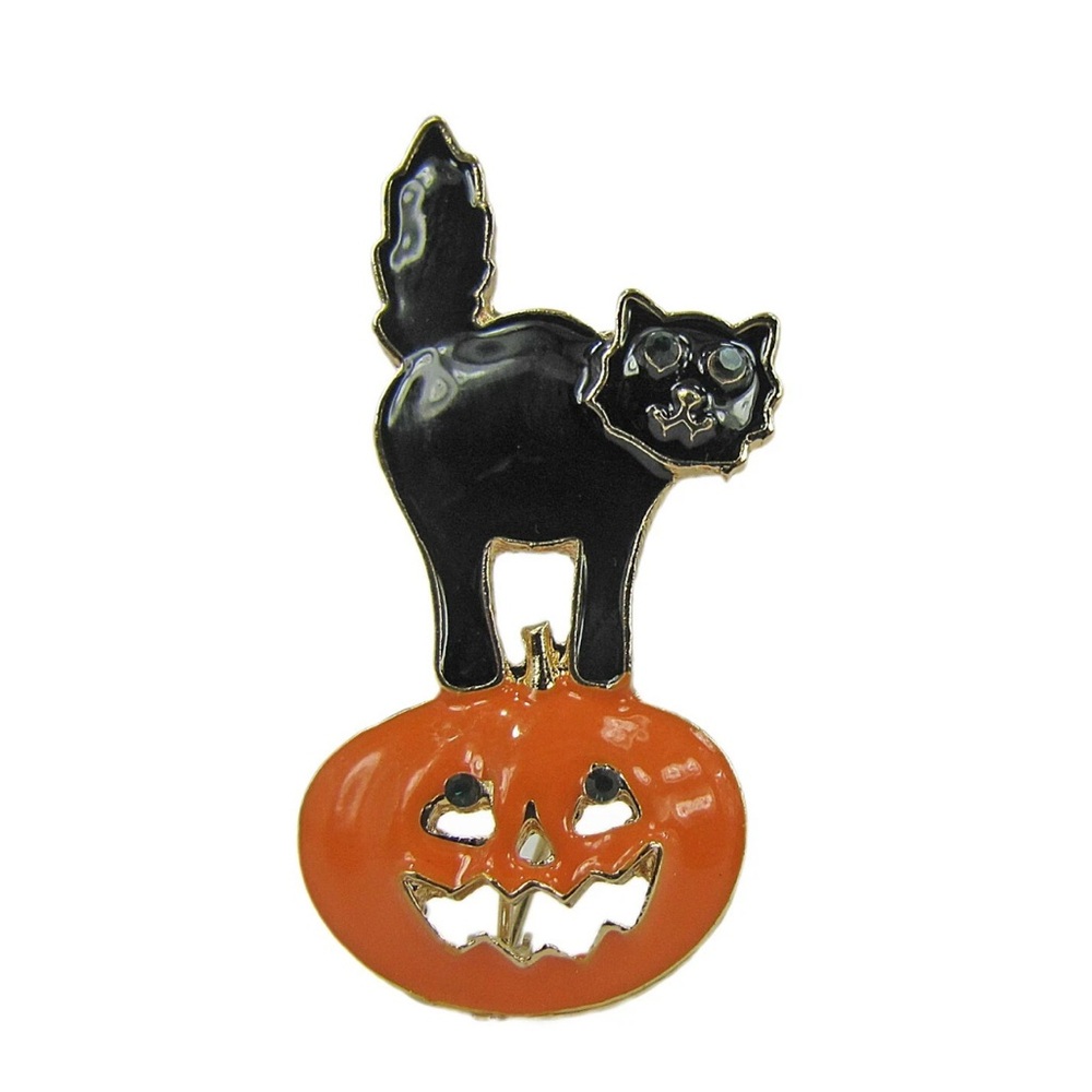 Halloween Black Cat on Orange Pumpkin Brooch Pin with Crystal Eyes